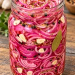 Jar of bright pink garlic and pepper pickled red onions with peppercorns and bay leaf