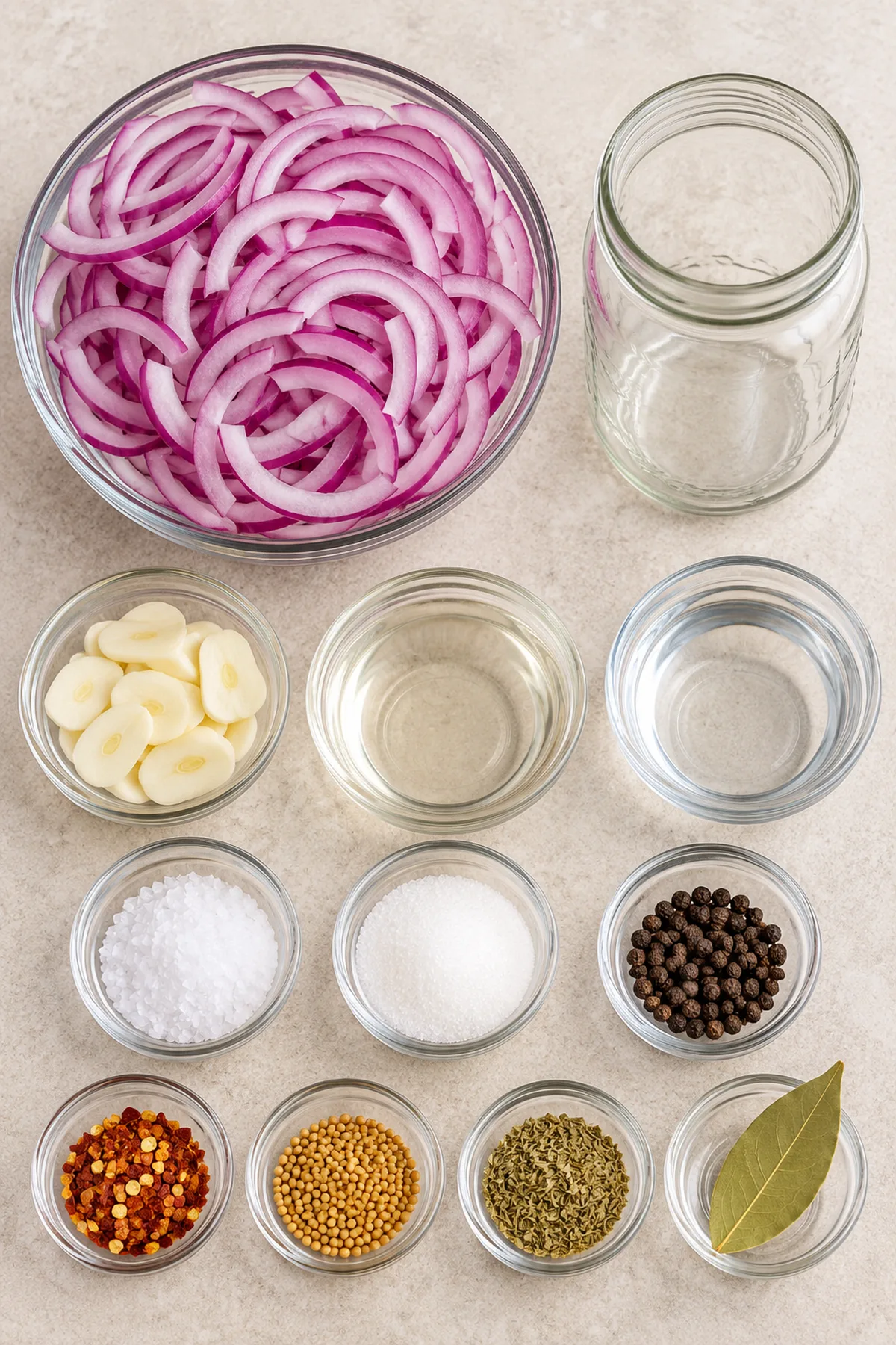 Red onion, garlic, vinegar, peppercorns, mustard seeds, oregano, red pepper flakes, and bay leaf