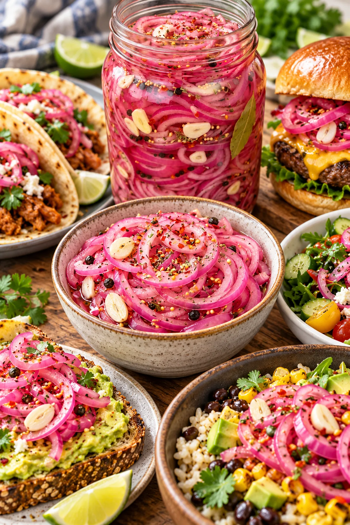 Garlic and pepper pickled red onions served with tacos, burgers, salad, and rice bowls