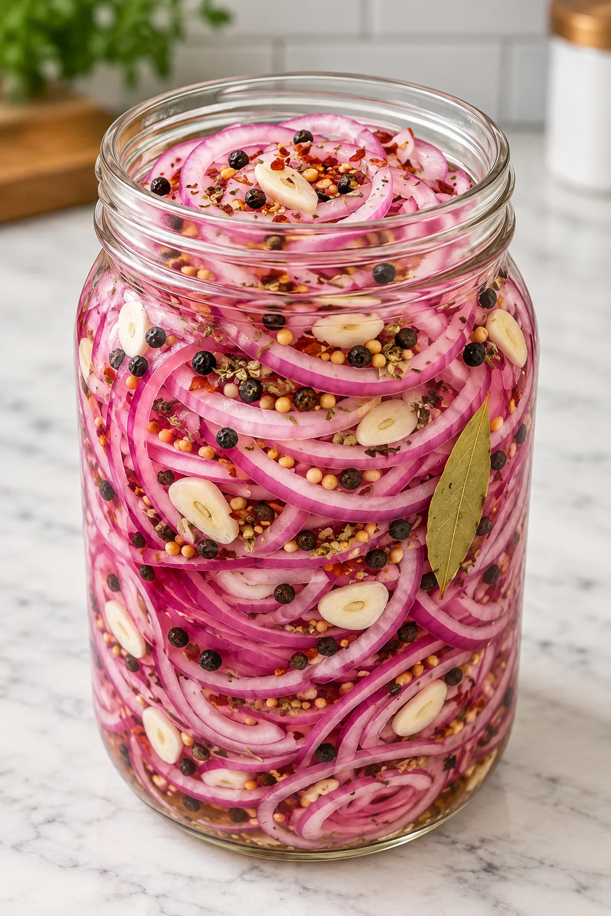 Thinly sliced red onions and garlic packed with spices in a clean glass jar
