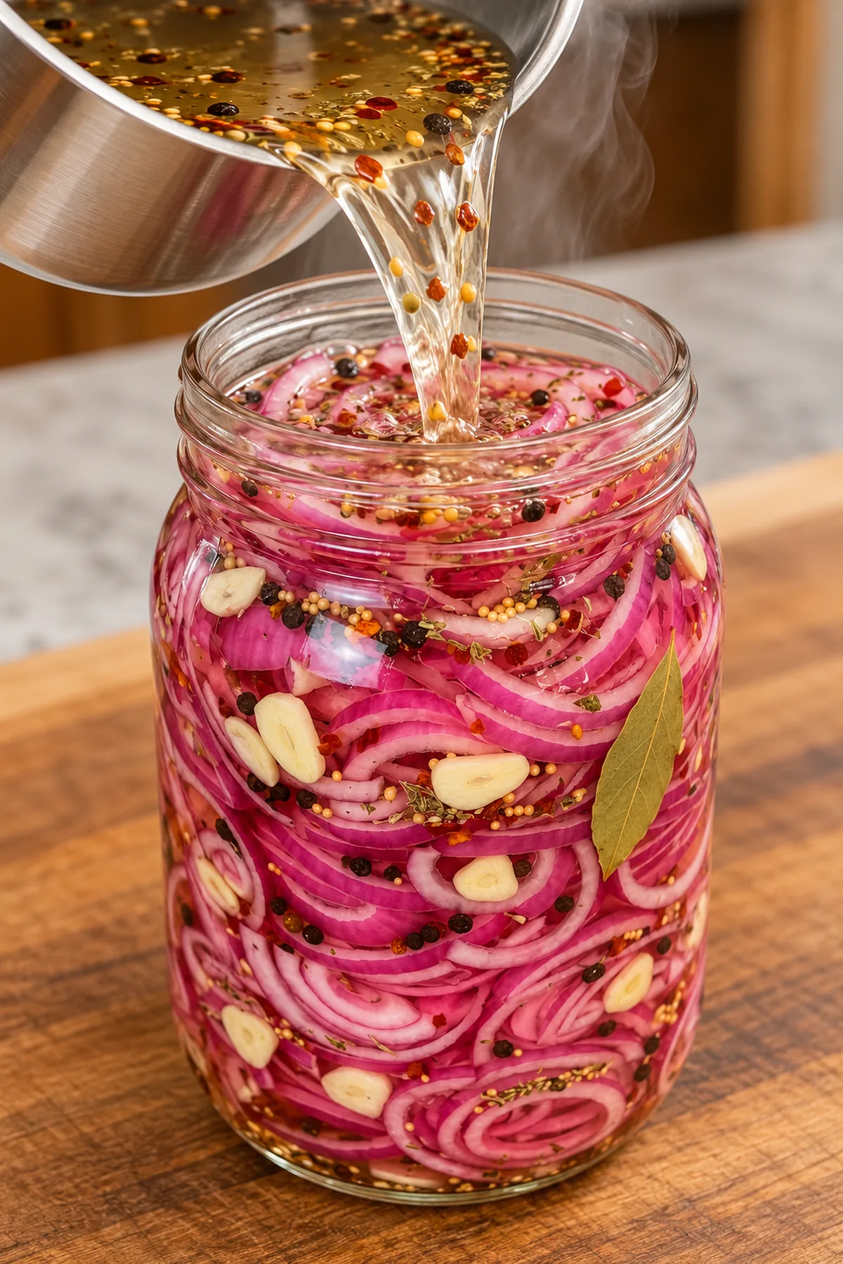 Hot vinegar brine being poured over sliced red onions and spices in a jar