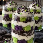 Beetlejuice mini trifles with green and purple cake, cream filling, and chocolate cookie crumbs