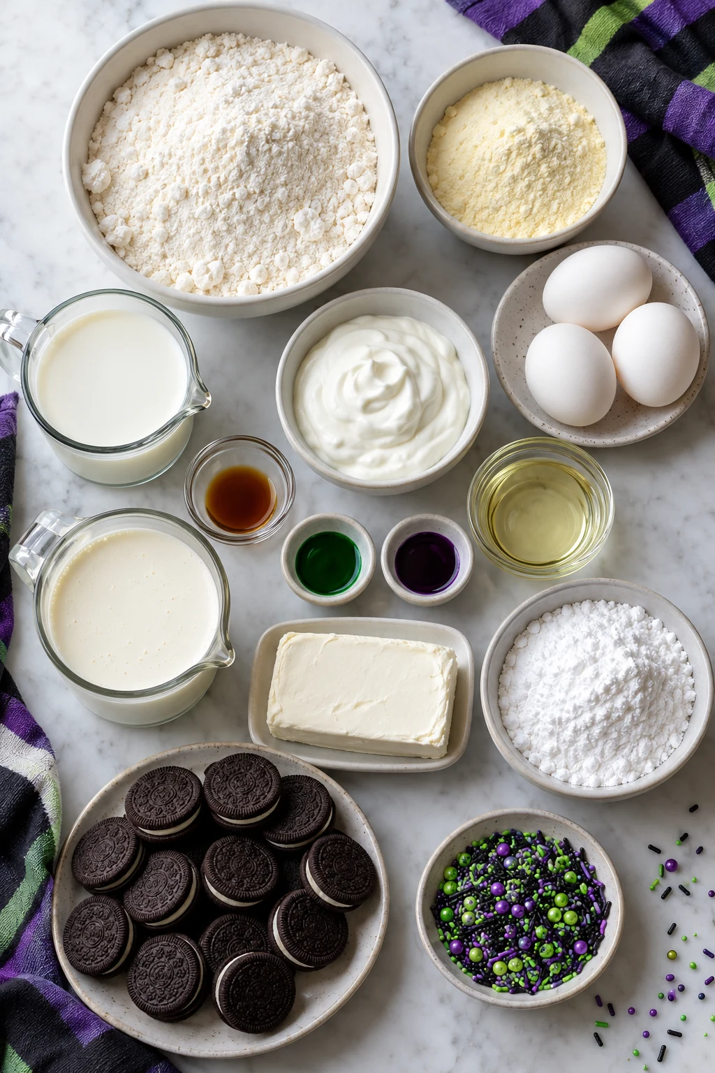 White cake mix, vanilla pudding, egg whites, milk, sour cream, oil, vanilla, food coloring, cream cheese, heavy cream, sugar, and cookies