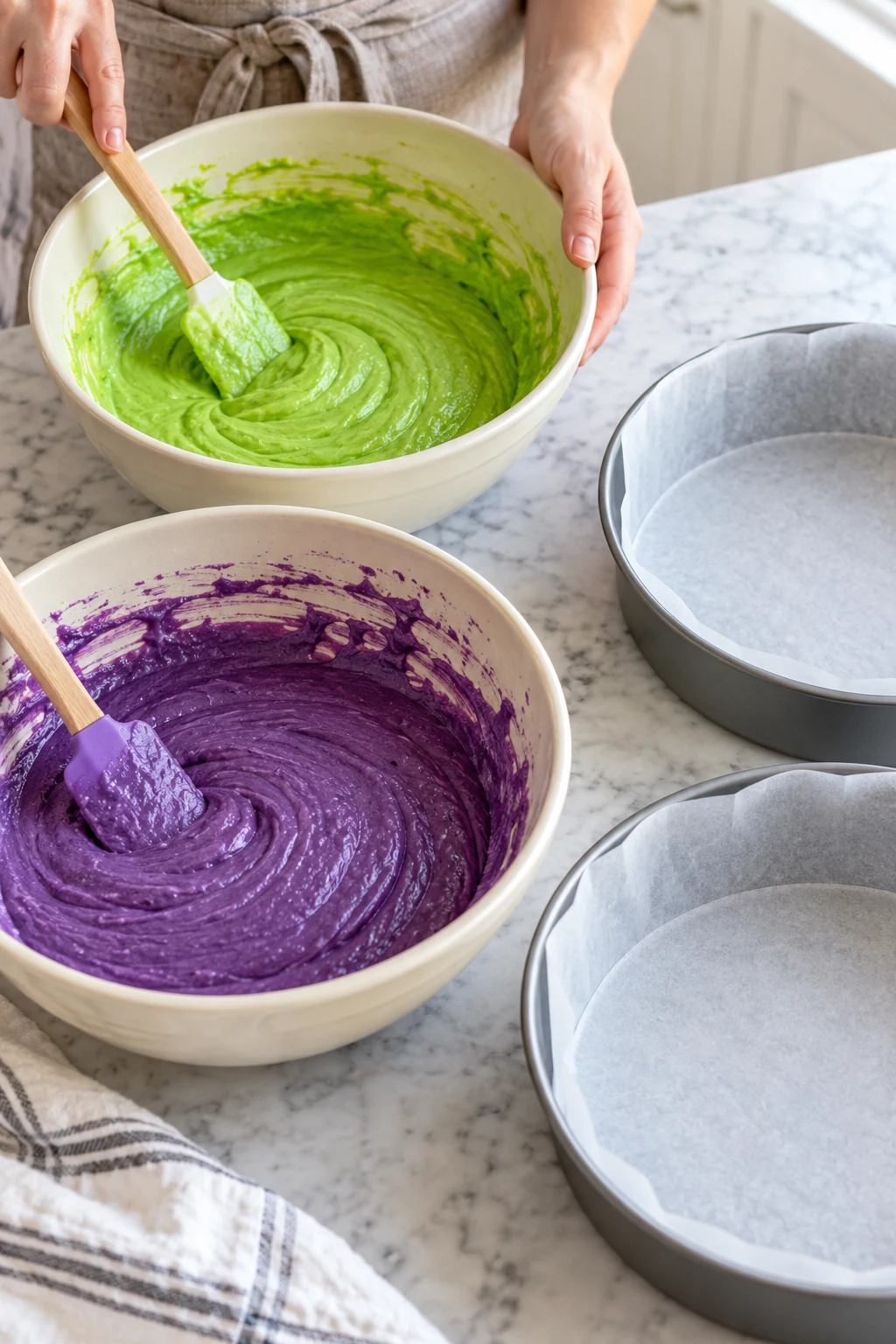 White cake batter divided and colored bright green and purple in mixing bowls