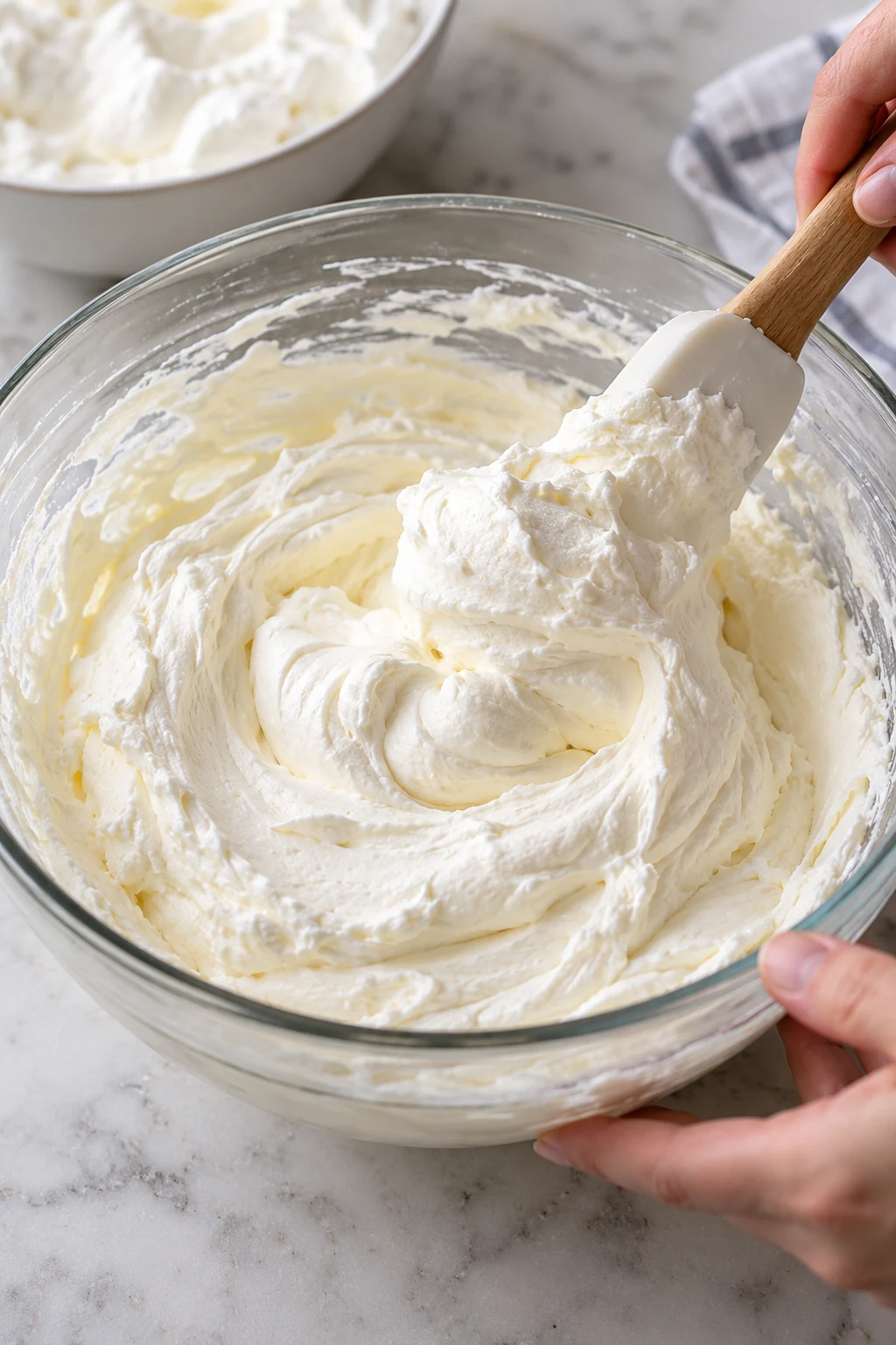 Whipped cream folded into sweetened cream cheese for mini trifle filling