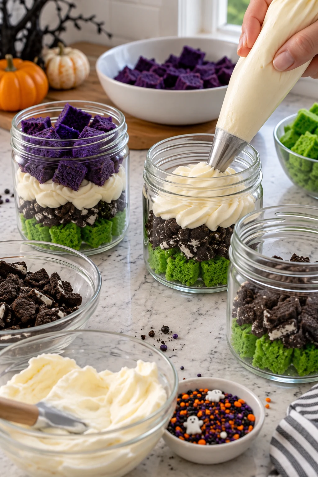 Green and purple cake, cream filling, and cookie crumbs layered in clear trifle jars