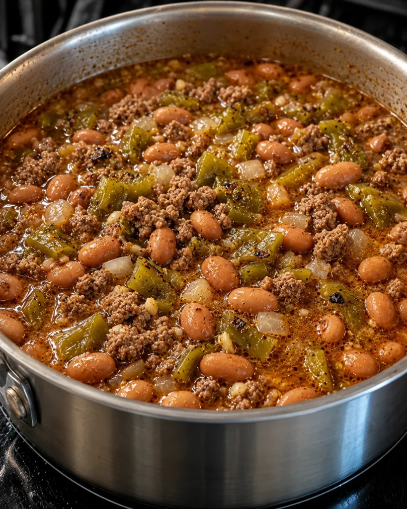 Green Chile Hamburger and Pinto Bean Stew with beef roasted chiles and onions