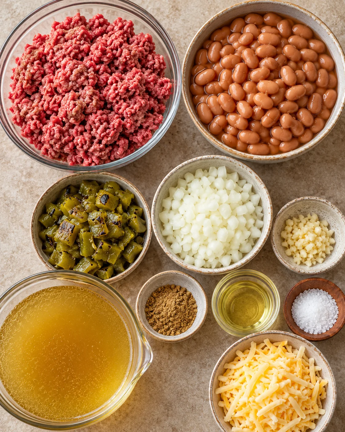 Ingredients for Green Chile Hamburger and Pinto Bean Stew arranged overhead