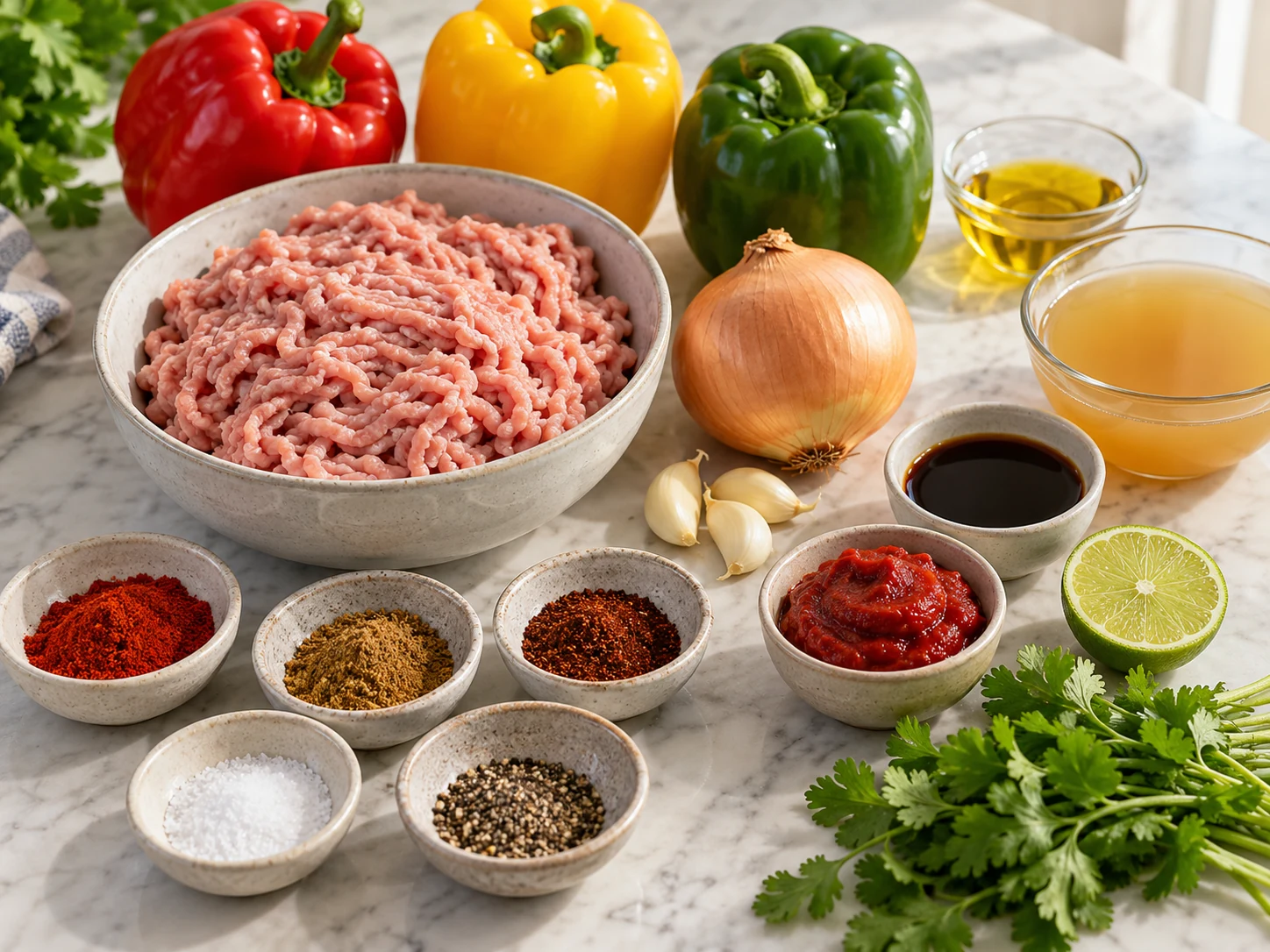 Ground turkey, red yellow and green peppers, onion, garlic, spices, broth, tomato paste, soy sauce, lime, and cilantro