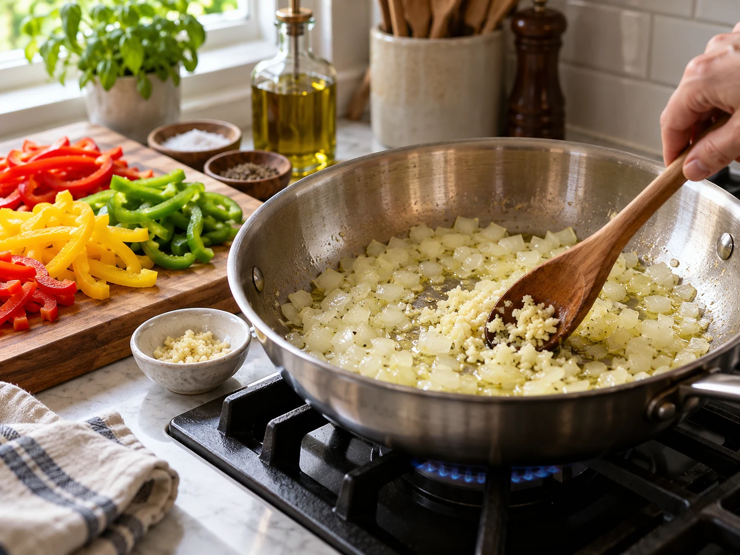 Diced onion and minced garlic sautéing in olive oil with sliced bell peppers nearby
