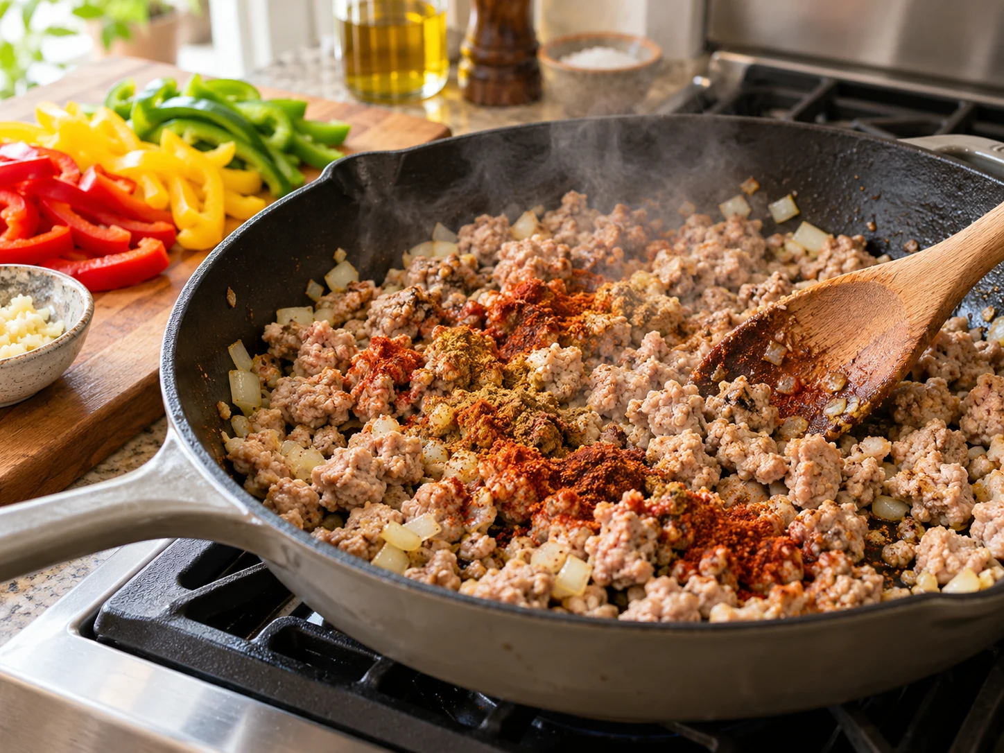 Ground turkey browning with onion, smoked paprika, cumin, and chili powder