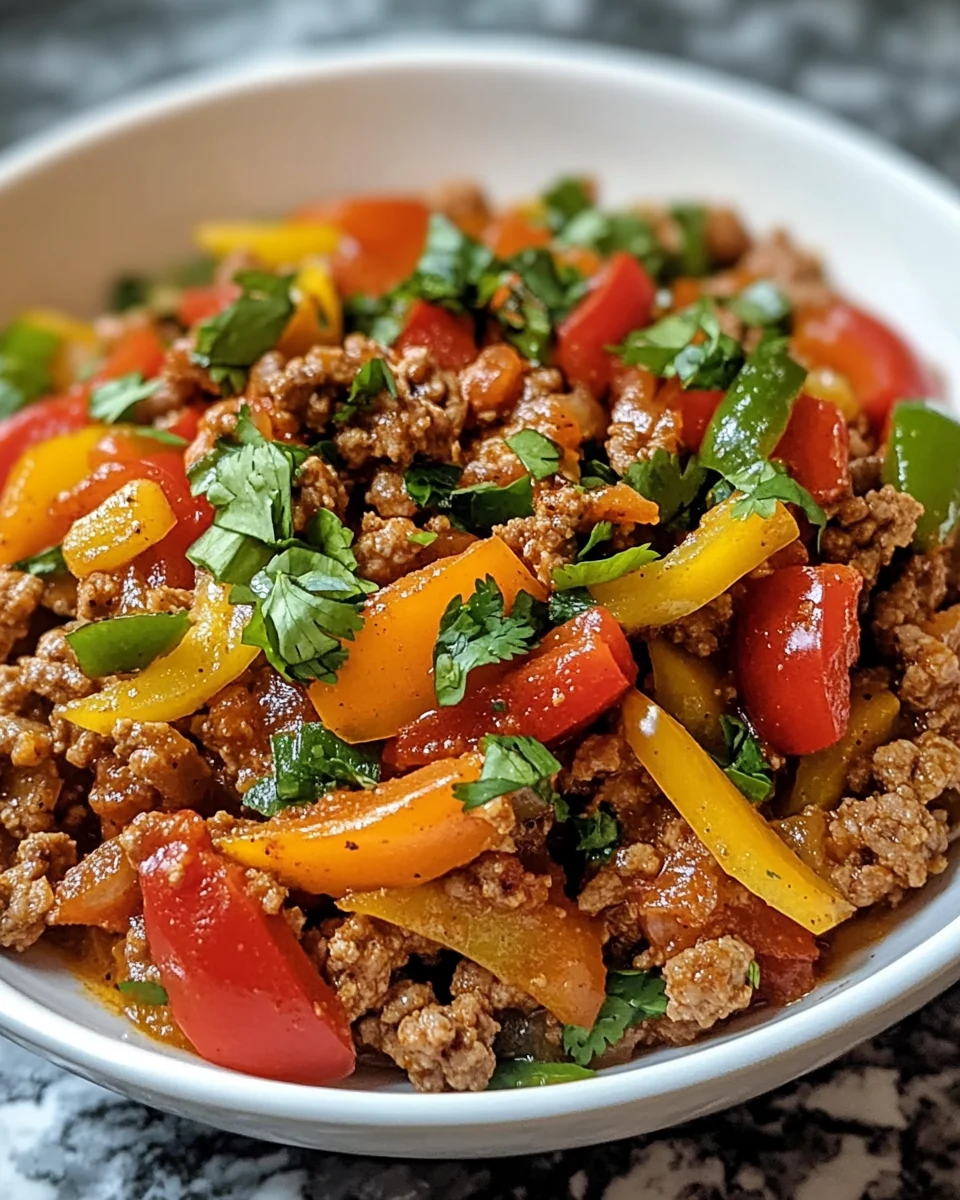 Finished ground turkey and peppers skillet garnished with fresh cilantro