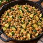 Finished ground turkey zucchini chickpea skillet with smoked paprika and fresh parsley