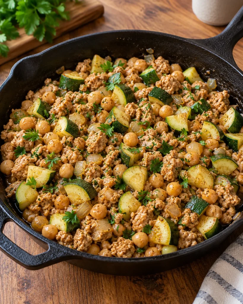 Finished ground turkey zucchini chickpea skillet with smoked paprika and fresh parsley