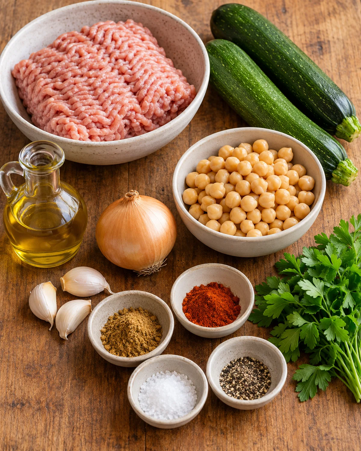 Ground turkey, zucchini, chickpeas, onion, garlic, olive oil, spices, and parsley arranged for the skillet recipe