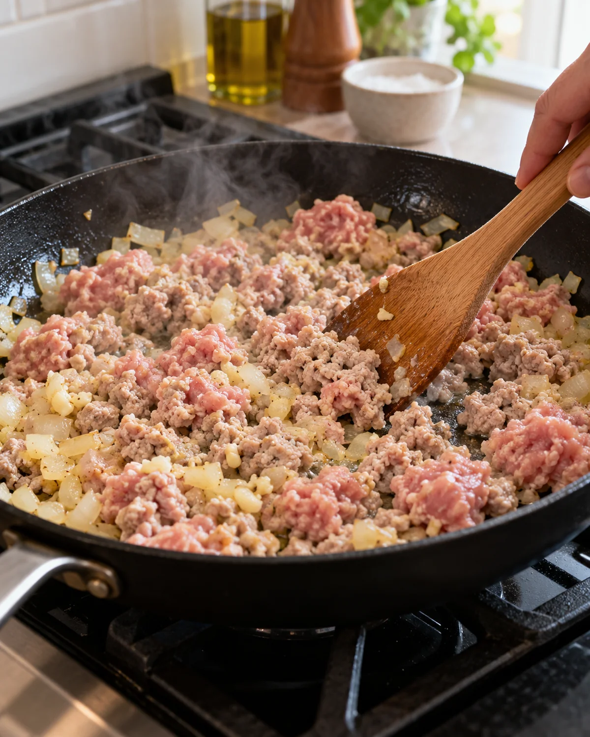 Ground turkey browning with softened onion and minced garlic in a skillet