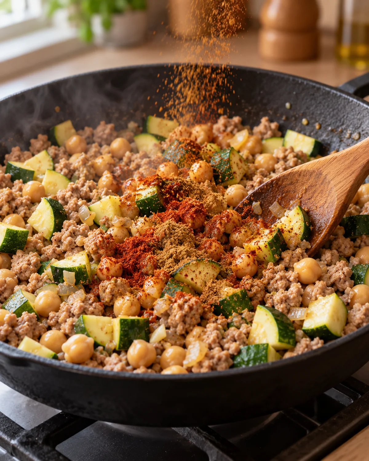 Zucchini, chickpeas, cumin, and smoked paprika added to browned ground turkey