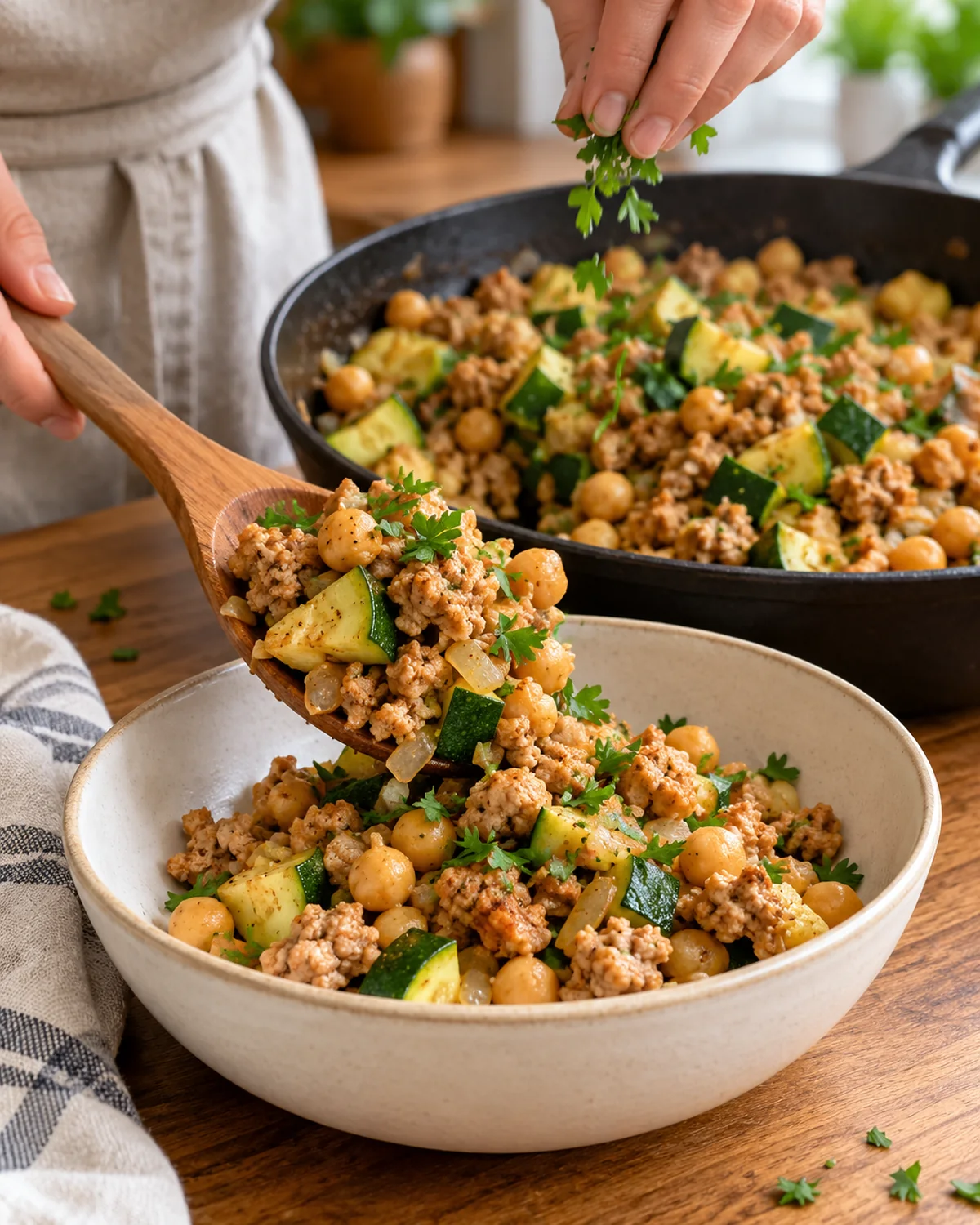Ground turkey zucchini chickpea skillet garnished with parsley and served in a bowl