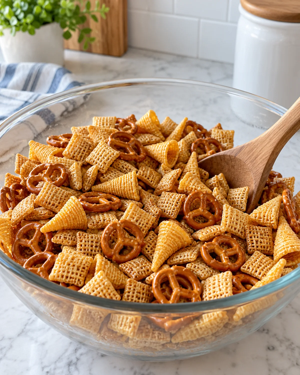 Honey Nut Chex cereal, pretzels, and caramel Bugles combined in a mixing bowl