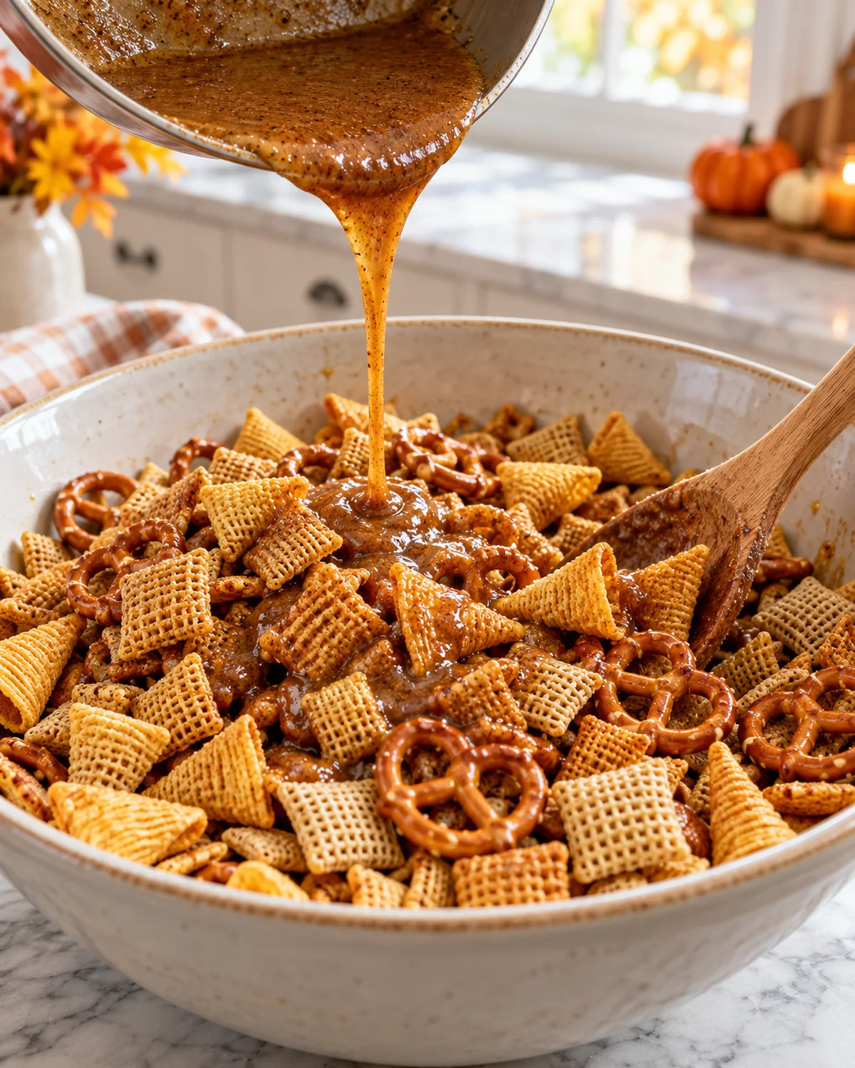 Pumpkin spice brown sugar butter sauce poured over Chex cereal, pretzels, and Bugles