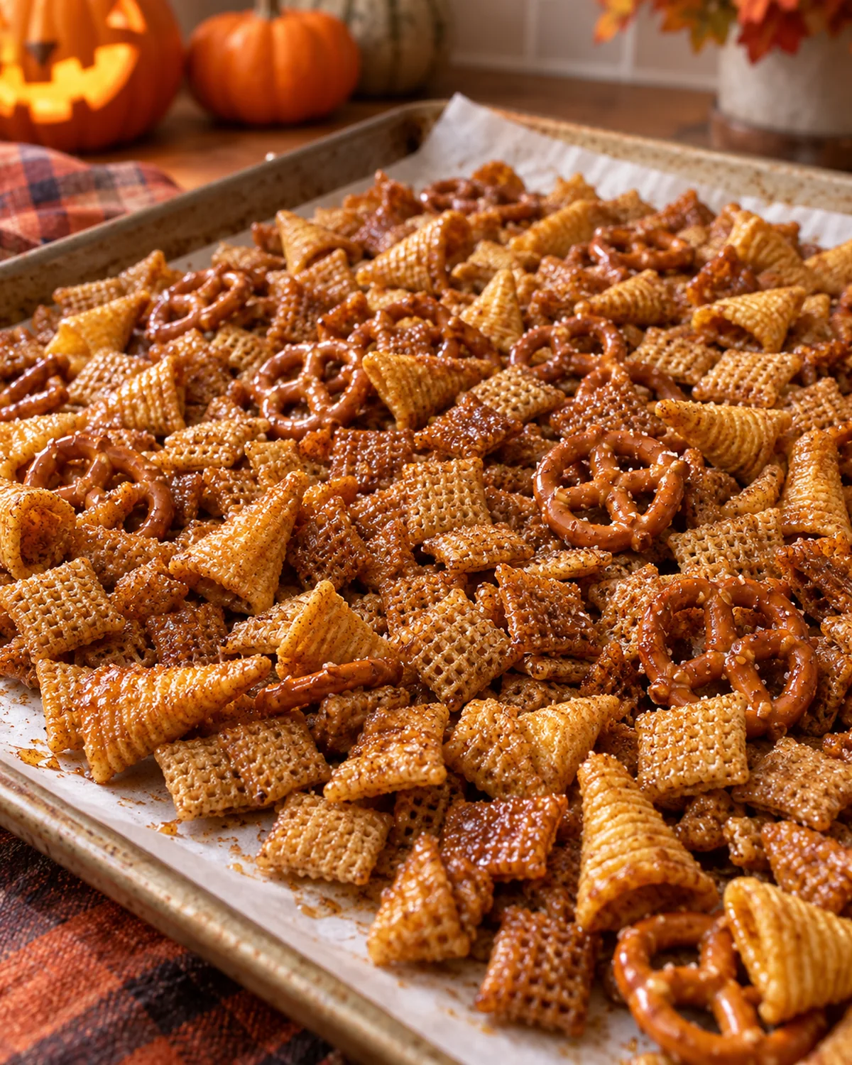 Freshly baked Halloween Chex Mix cooling on a parchment-lined baking sheet
