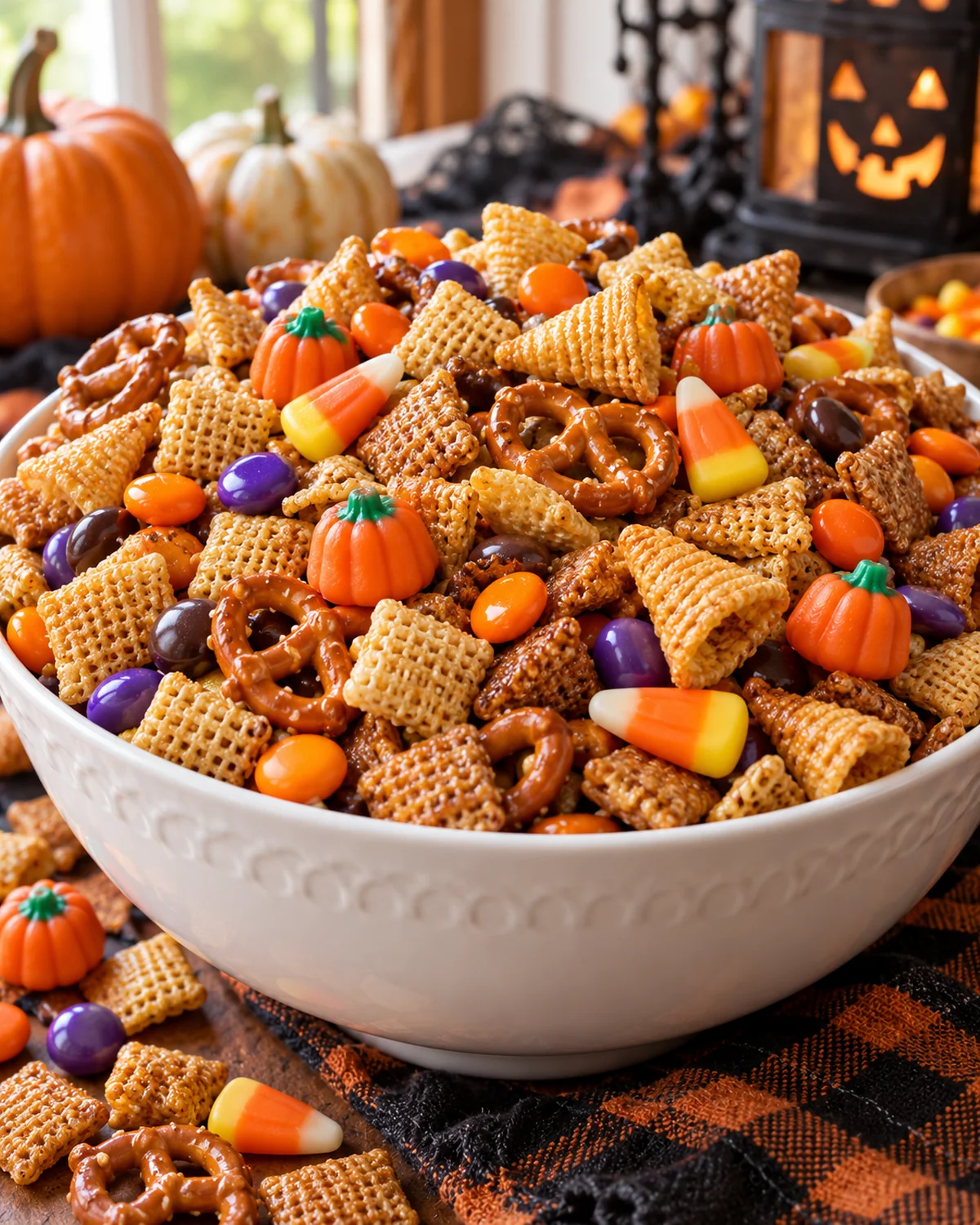 Halloween Chex Mix in a white bowl with Chex cereal, pretzels, Bugles, candy corn, candy pumpkins, and colorful candies