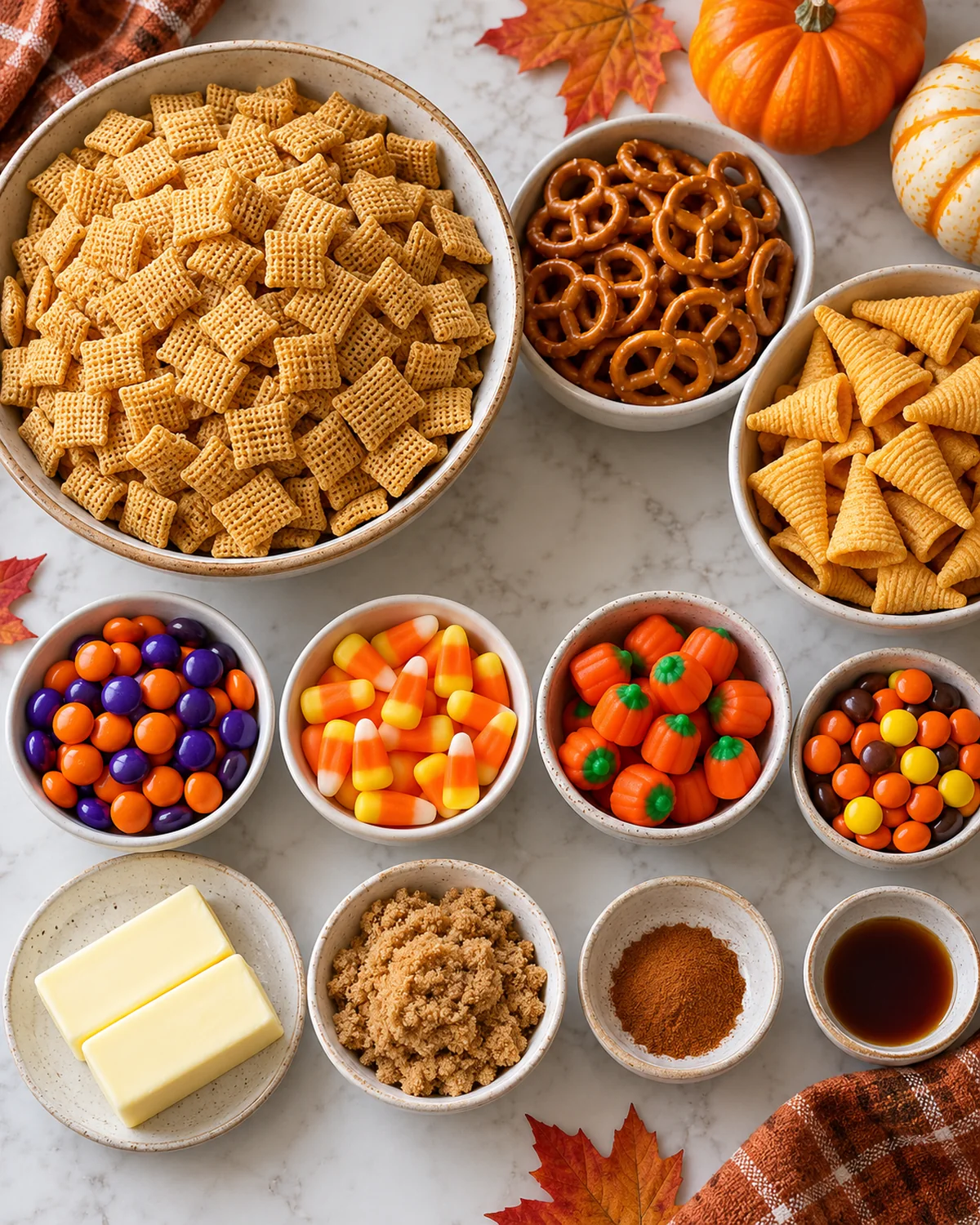 Measured ingredients for Halloween Chex Mix arranged in bowls on a kitchen counter
