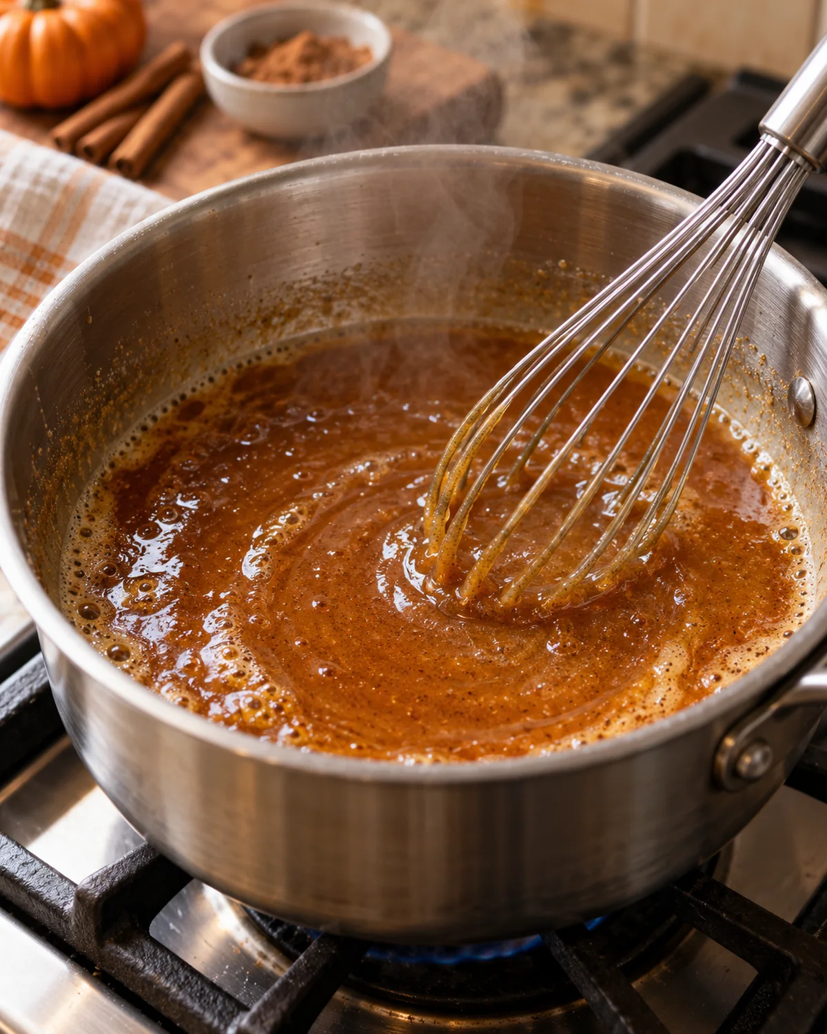 Brown sugar pumpkin spice butter sauce simmering in a saucepan for Halloween Chex Mix