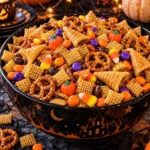 Finished Halloween Chex Mix in a festive black serving bowl for a party