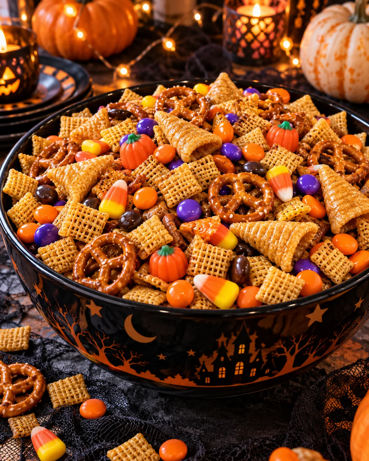 Finished Halloween Chex Mix in a festive black serving bowl for a party