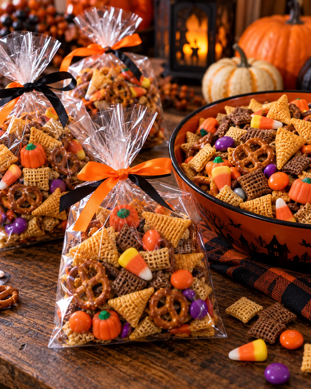 Halloween Chex Mix portioned into clear treat bags with orange and black ribbons