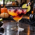 Halloween margarita with black salt rim and dark raspberry liqueur ribbon