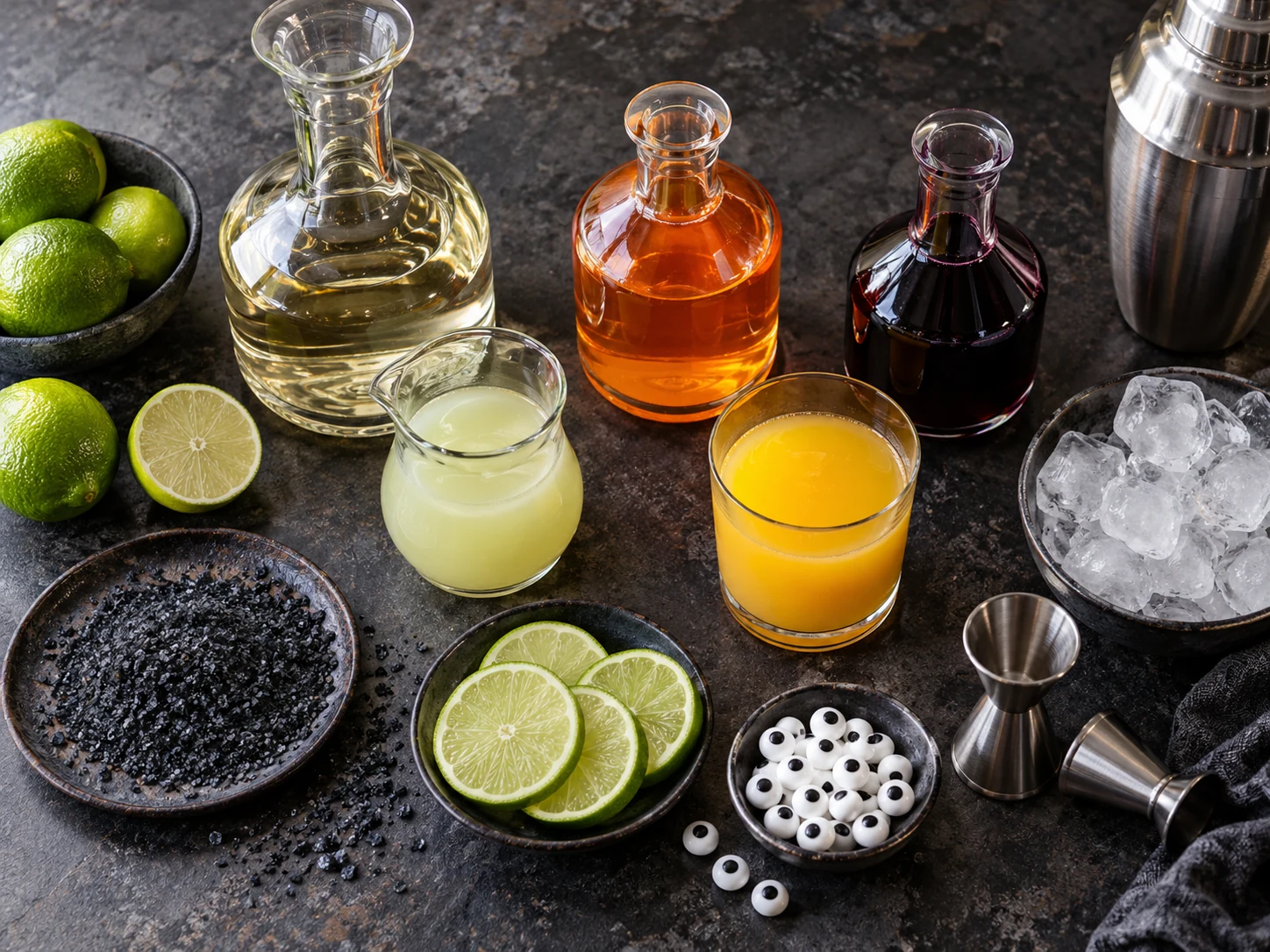 Tequila, orange liqueur, lime juice, orange juice, black raspberry liqueur, ice, black salt, lime, and candy eyes