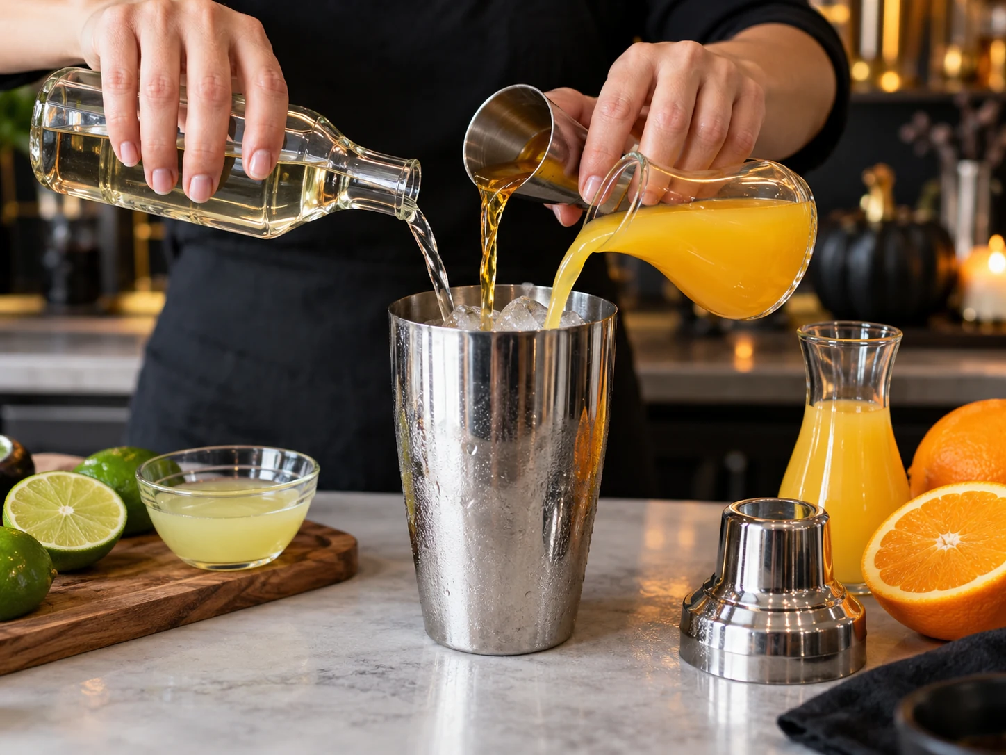 Tequila, orange liqueur, lime juice, and orange juice added to an ice-filled shaker