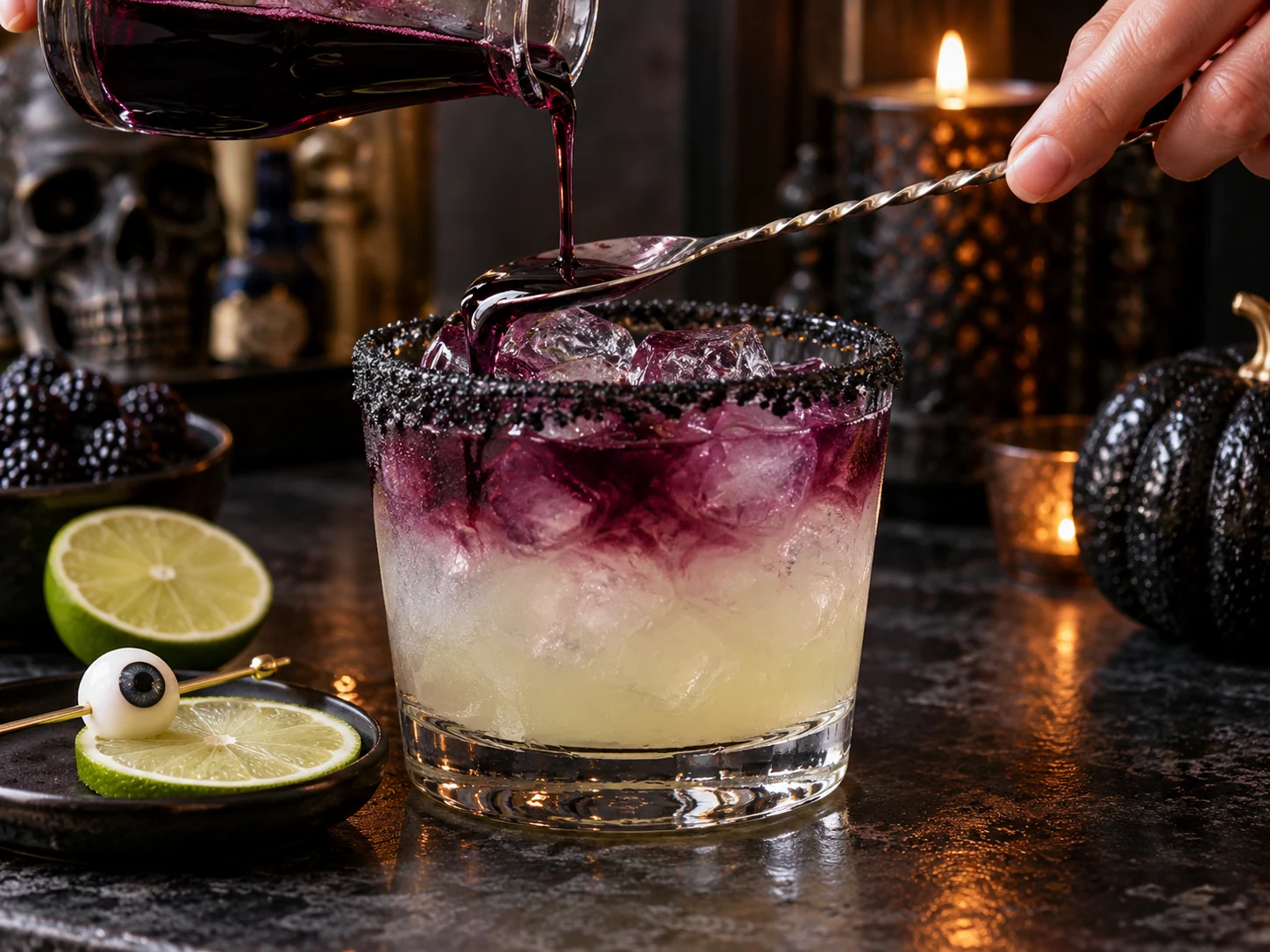 Black raspberry liqueur poured over a spoon into a Halloween margarita