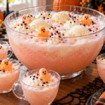 Creamy pink Halloween punch with vanilla ice cream, ghost marshmallows, and sprinkles