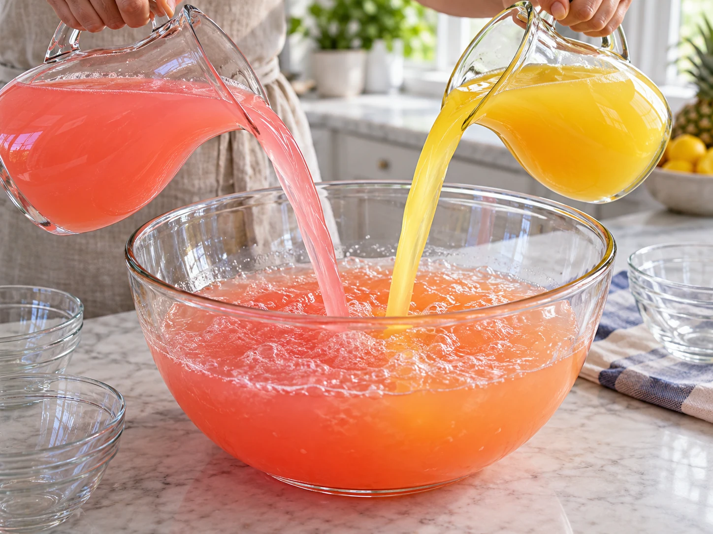 Pink lemonade and pineapple juice poured into a clear Halloween punch bowl