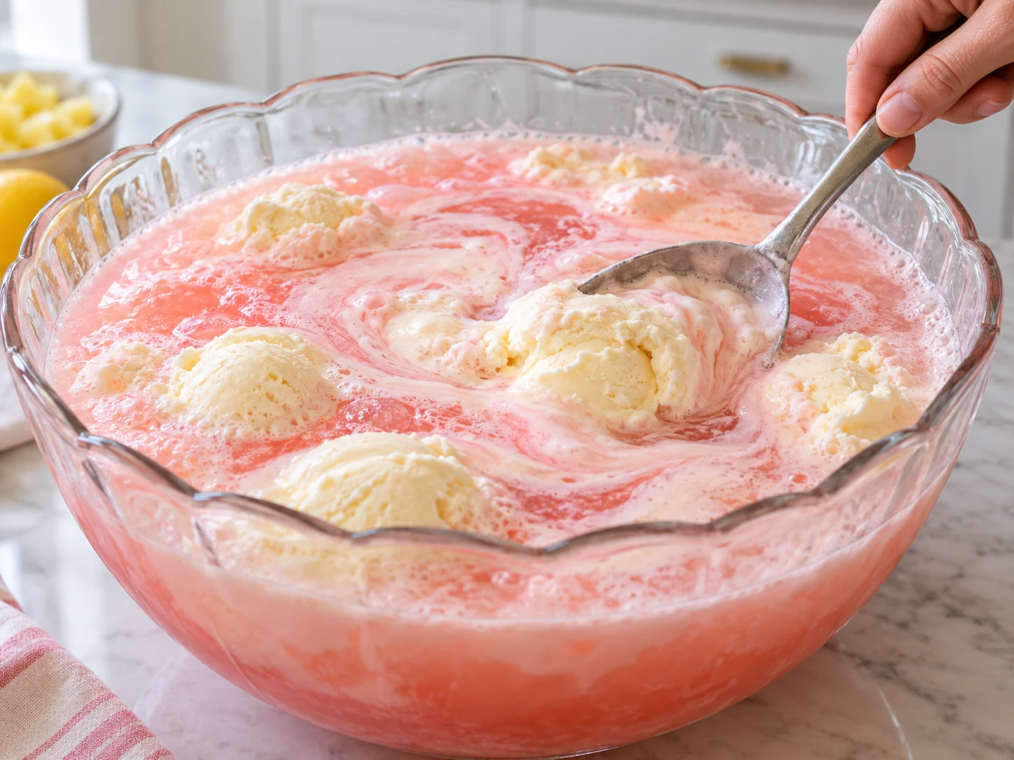 Vanilla ice cream gently folded into pink lemonade and pineapple juice punch
