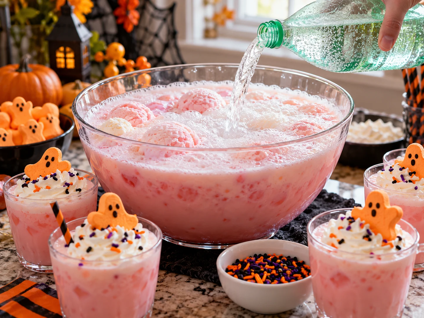 Lemon-lime soda added to creamy Halloween punch before garnishing cups
