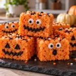 Orange Halloween Rice Krispie Treats with candy eyes and black icing monster faces