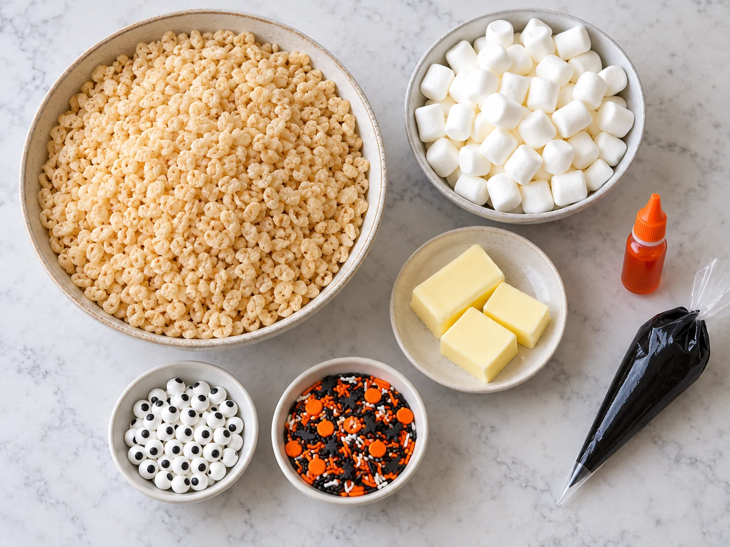Crisp rice cereal, mini marshmallows, butter, orange coloring, black icing, candy eyes, and Halloween sprinkles