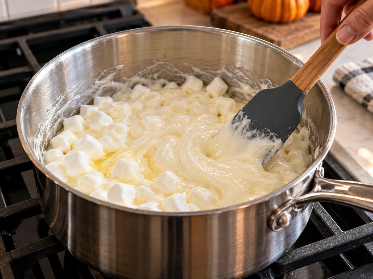 Butter and mini marshmallows melting in a saucepan for Halloween cereal treats