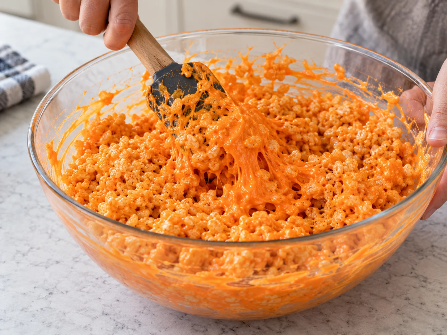 Orange marshmallow mixture folded with crisp rice cereal in a large bowl