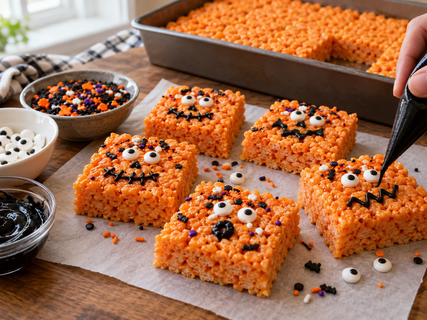 Orange Rice Krispie Treat squares decorated with candy eyes, black icing, and sprinkles