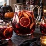 Halloween red wine sangria with apple, blood orange, cinnamon, and sparkling cider