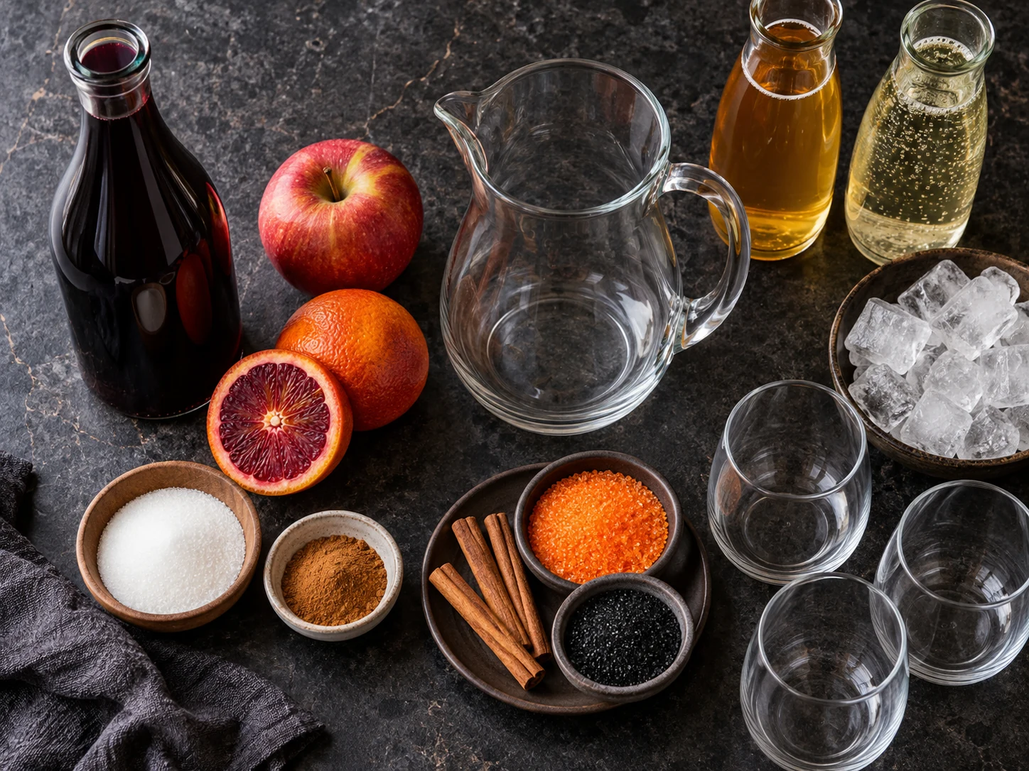 Dry red wine, apple, blood orange, sugar, cinnamon, sparkling cider, ginger ale, ice, and colored sugar