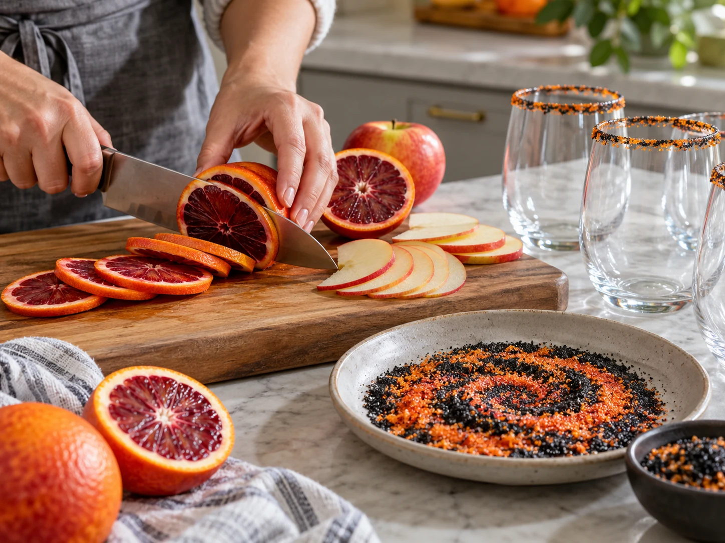 Apple and blood orange sliced beside glasses prepared with black and orange sugar rims