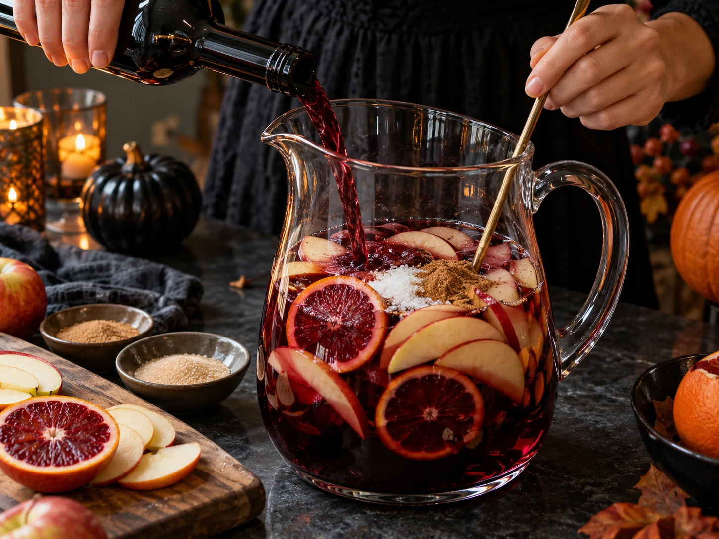 Red wine poured over apple, blood orange, sugar, and cinnamon in a clear pitcher
