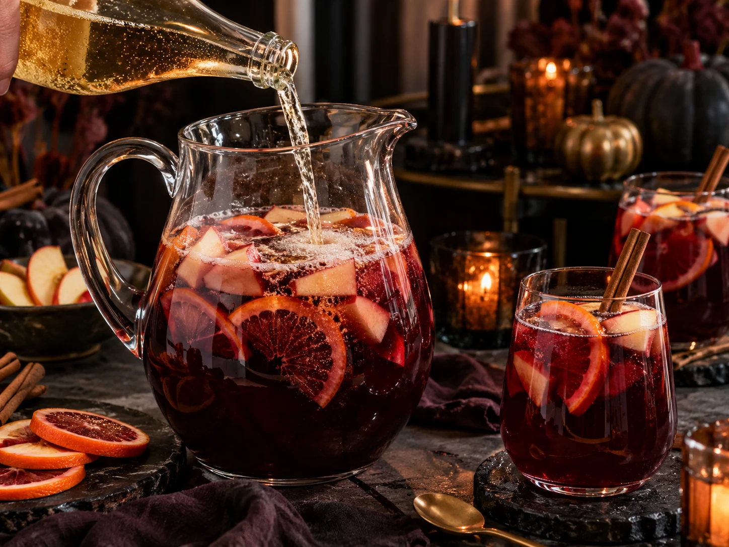 Sparkling apple cider added to chilled Halloween sangria before serving