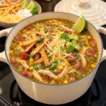 Hatch green chile chicken and pinto bean tortilla caldo with cheese, avocado, cilantro, and lime